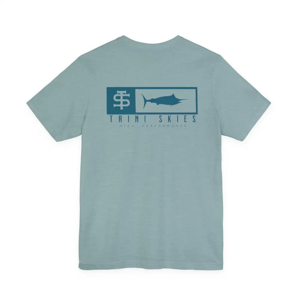 Trini skies performance fishing t-shirt with teal marlin graphic