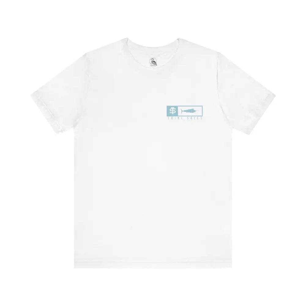 Trini skies performance fishing t-shirt with minimalist blue trial skies graphic
