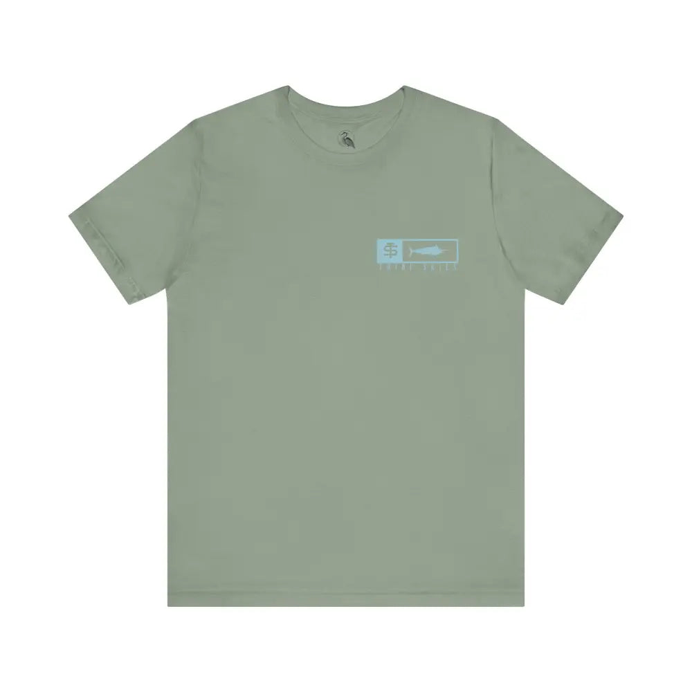 Trini Skies performance fishing t-shirt with olive green minimalist fish motif