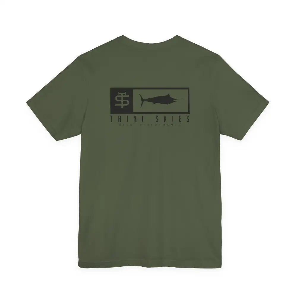 Olive green Trini Skies performance cotton crewneck t-shirt with marlin graphic
