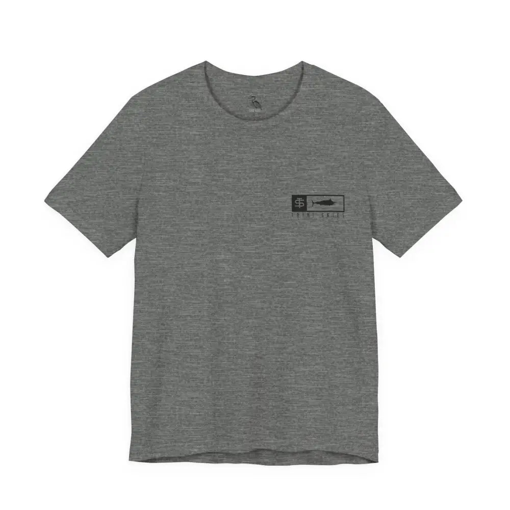 Trini Skies performance fishing t-shirt in gray heathered cotton crewneck with fish logo patch