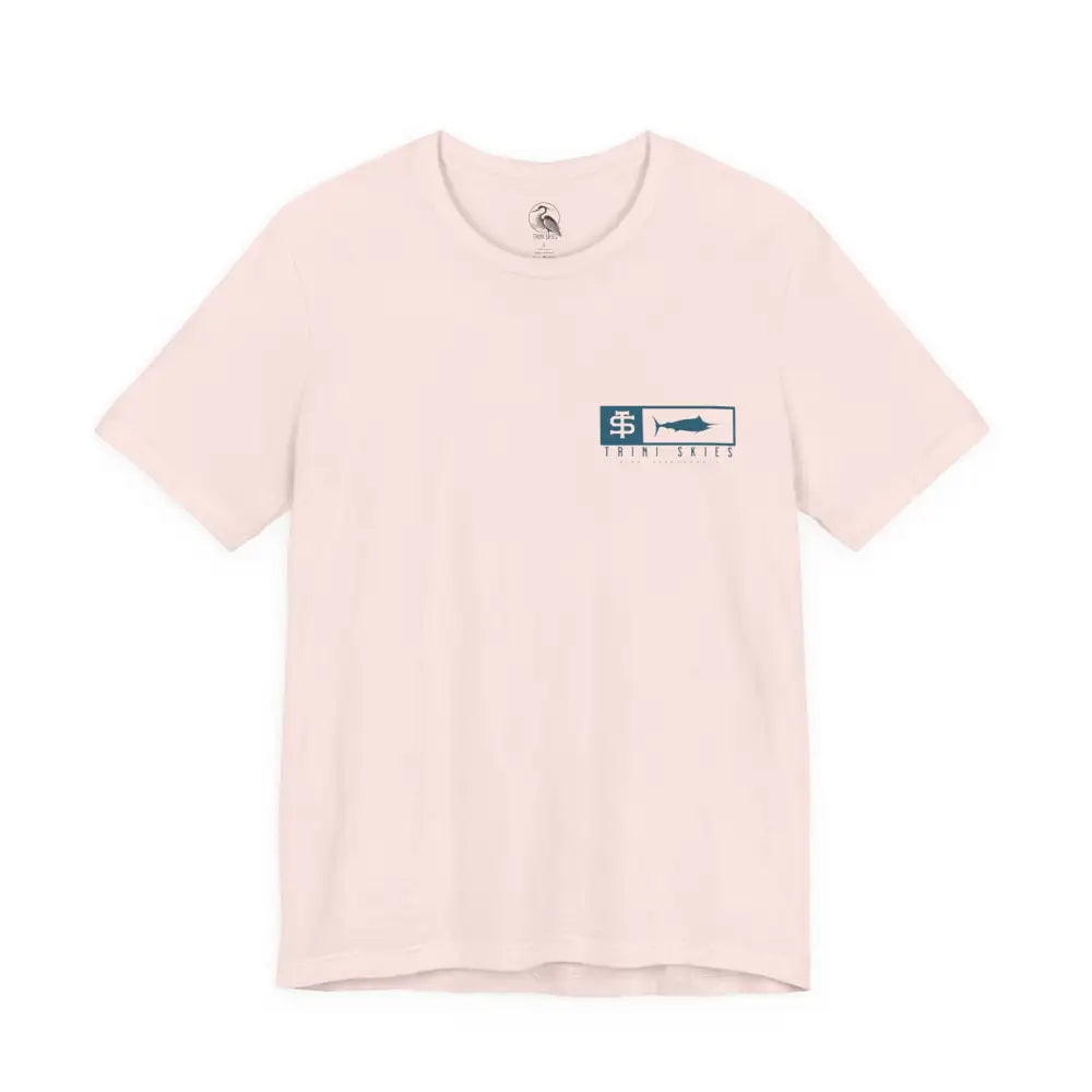 Trini Skies performance fishing t-shirt with blue marlin chest graphic
