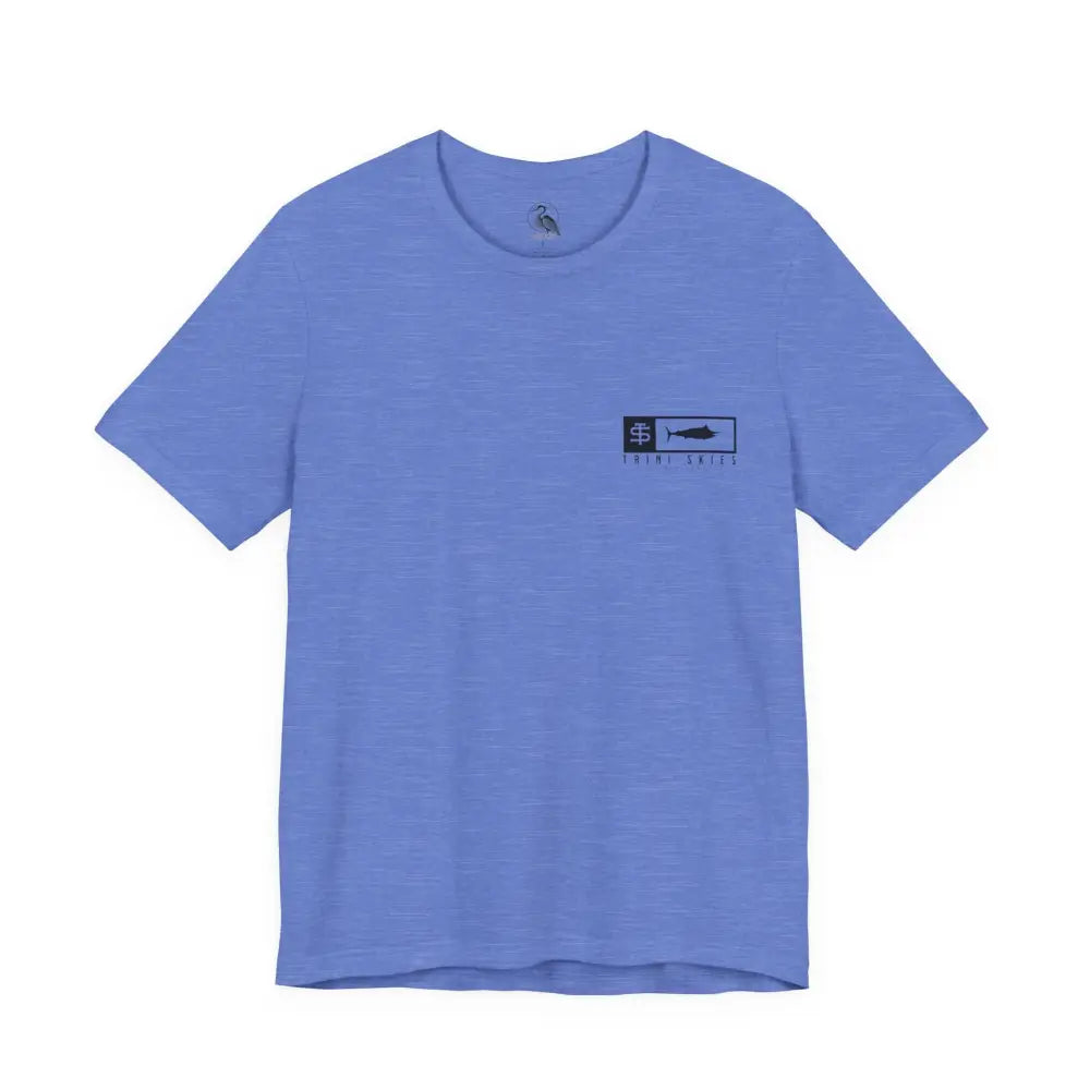 Trini Skies performance fishing t-shirt in light blue heathered cotton crewneck with fish logo