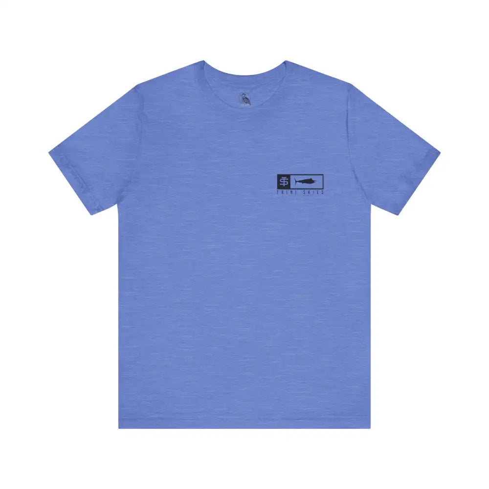 Trini Skies performance fishing t-shirt in light blue heathered cotton crewneck with fish logo