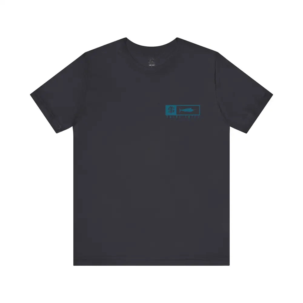Trini Skies performance fishing t-shirt with teal fish logo on chest