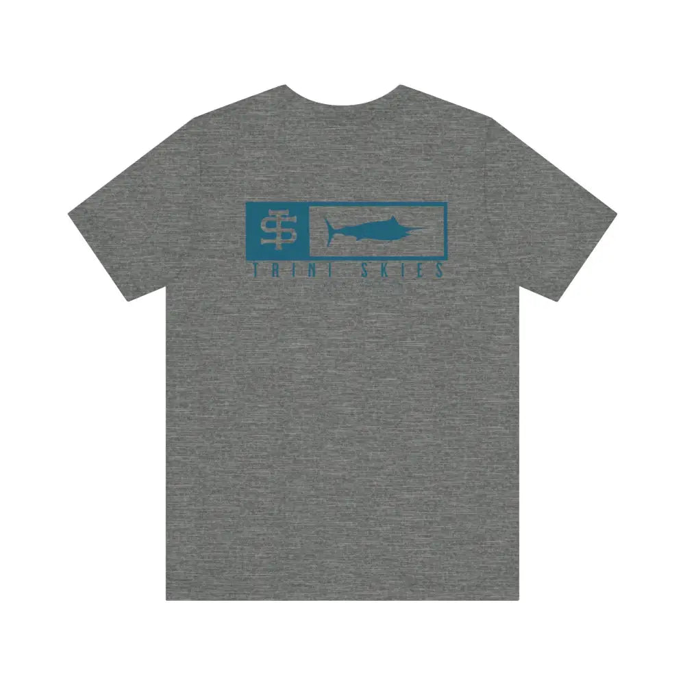 Trini skies performance fishing t-shirt with teal marlin graphic