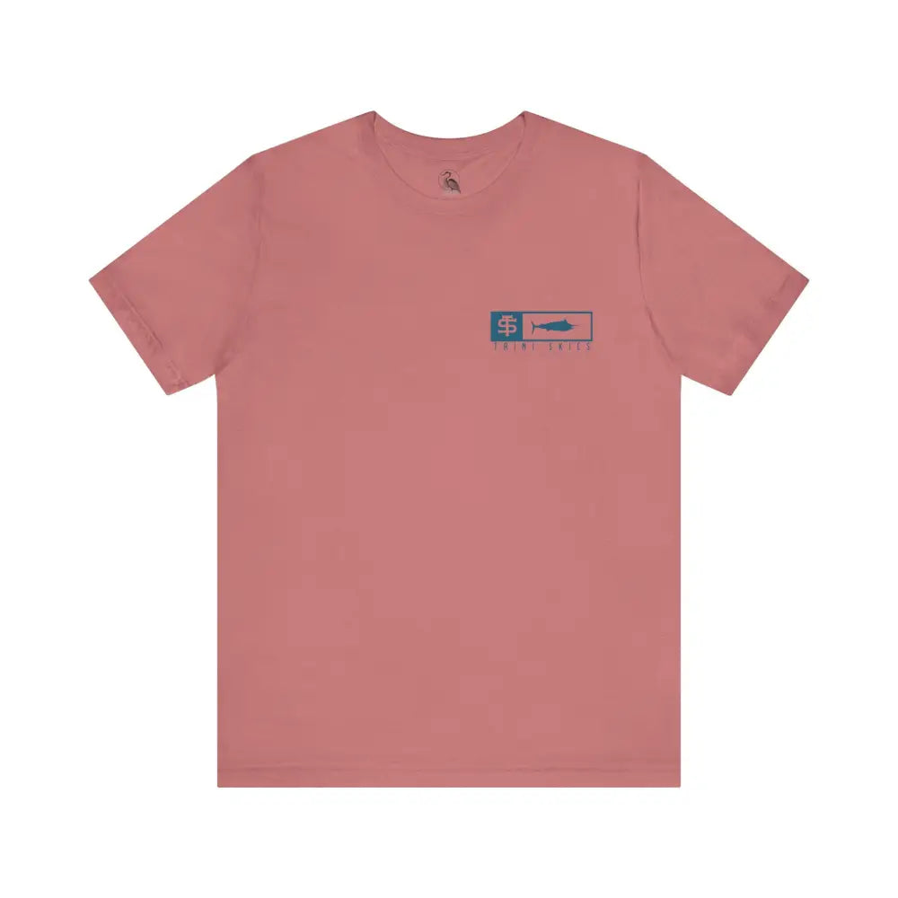 Trini Skies performance fishing t-shirt with pink fish & chips logo