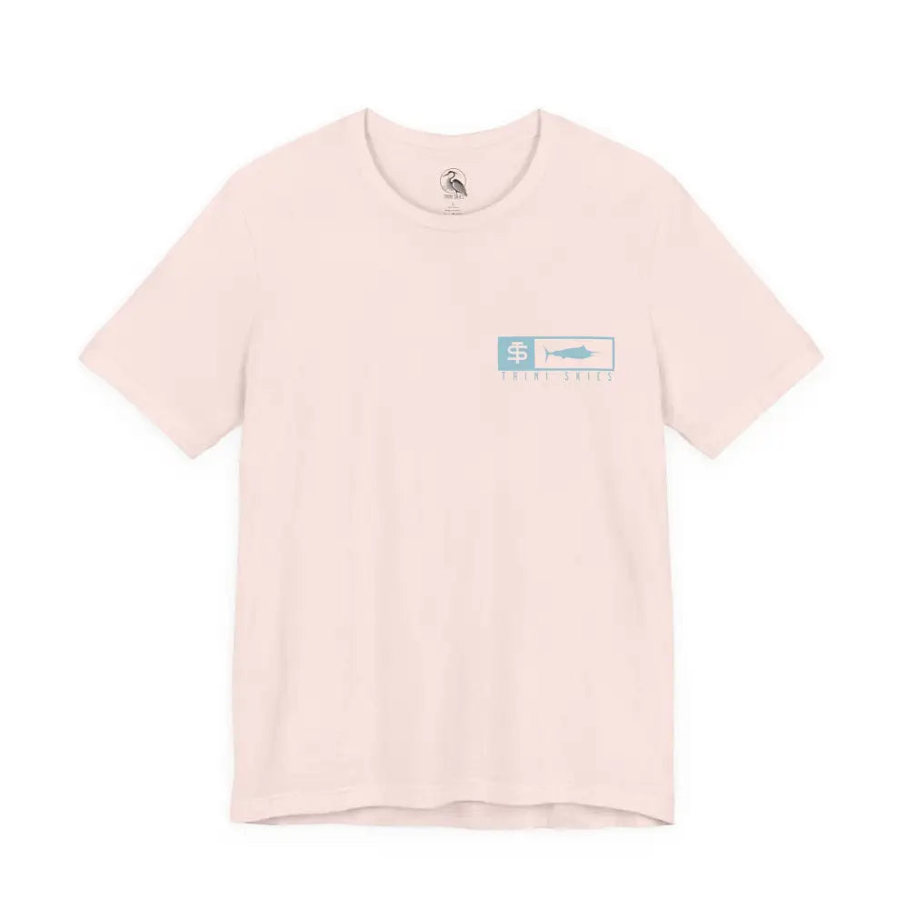 Trini Skies performance fishing t-shirt with blush fish graphic