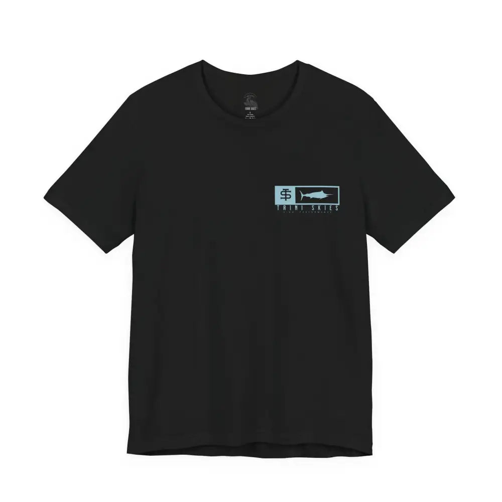 Trini skies performance fishing t-shirt with blue fish logo