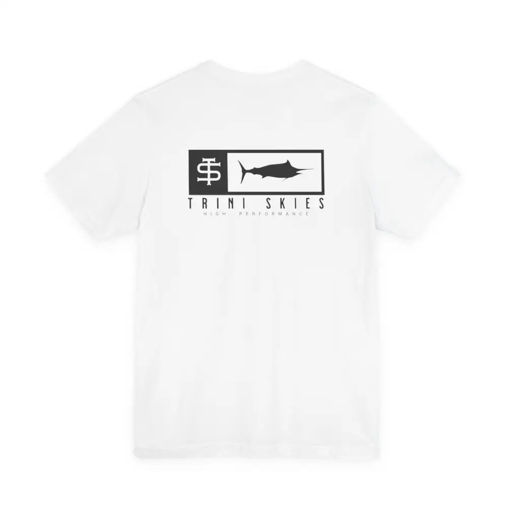 White Trini Skies Performance cotton crewneck fishing t-shirt with marlin graphic