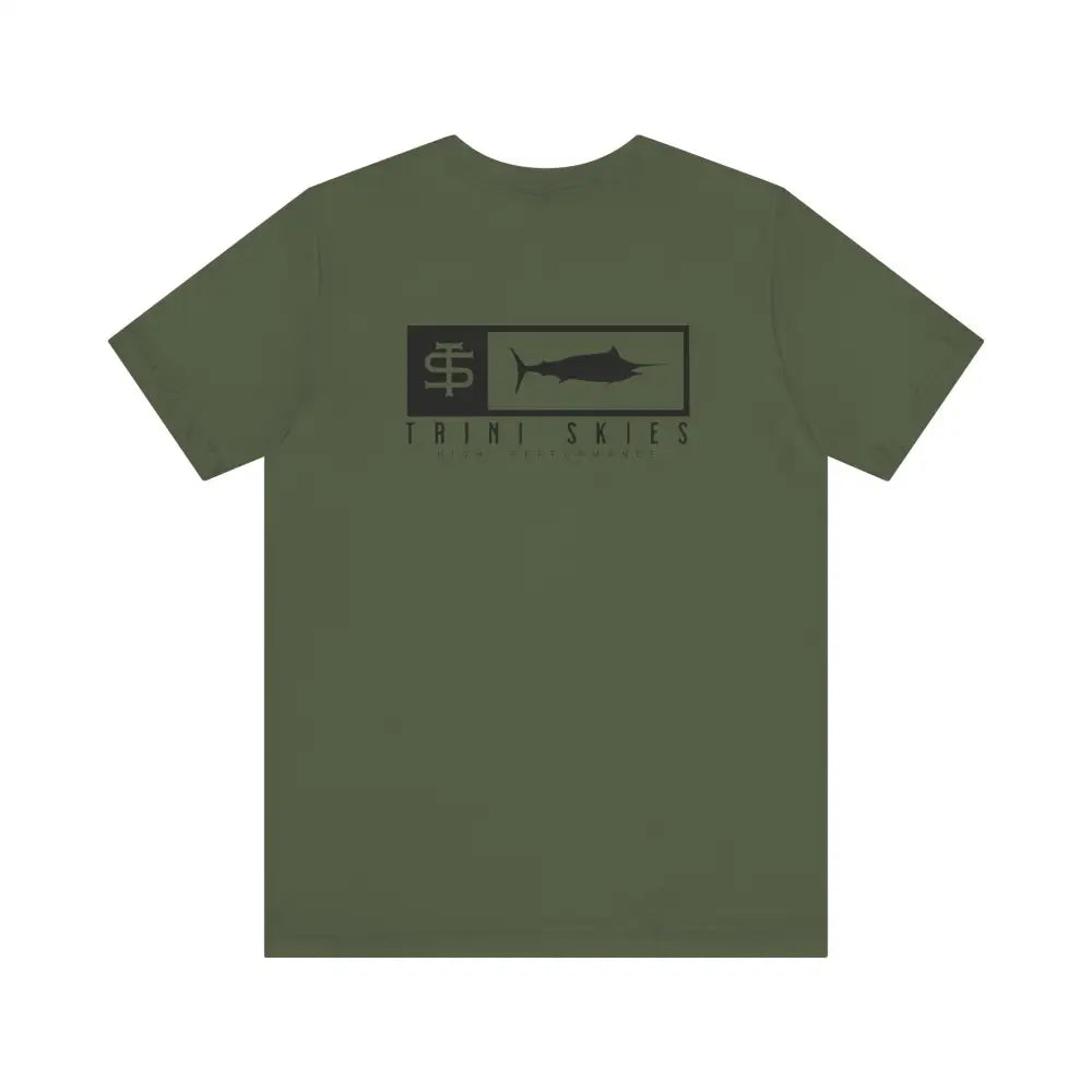 Olive green Trini Skies performance cotton crewneck fishing t-shirt with marlin graphic