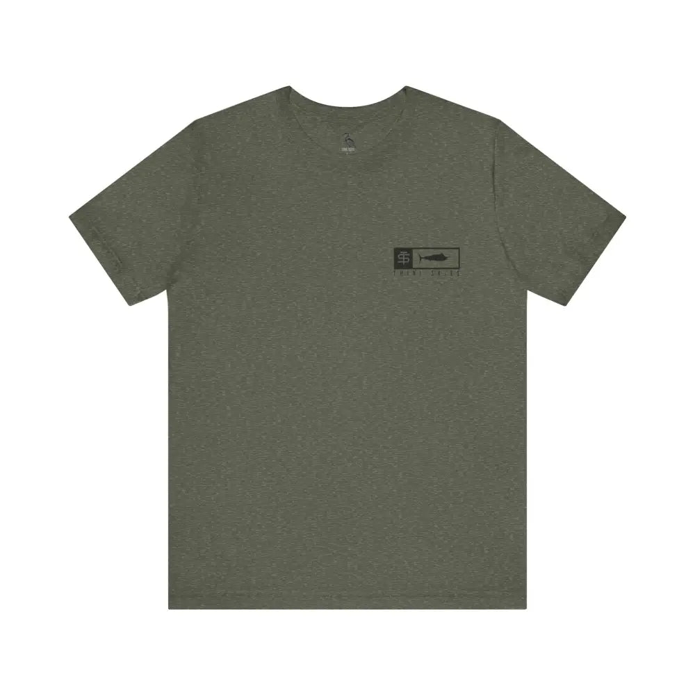 Trini Skies performance fishing t-shirt in olive green cotton crewneck with fish logo