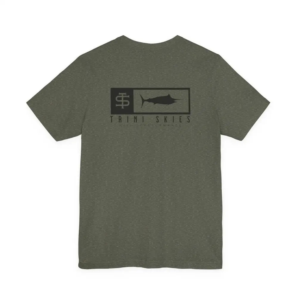 Trini skies performance fishing t-shirt with olive heathered cotton crewneck and marlin graphic