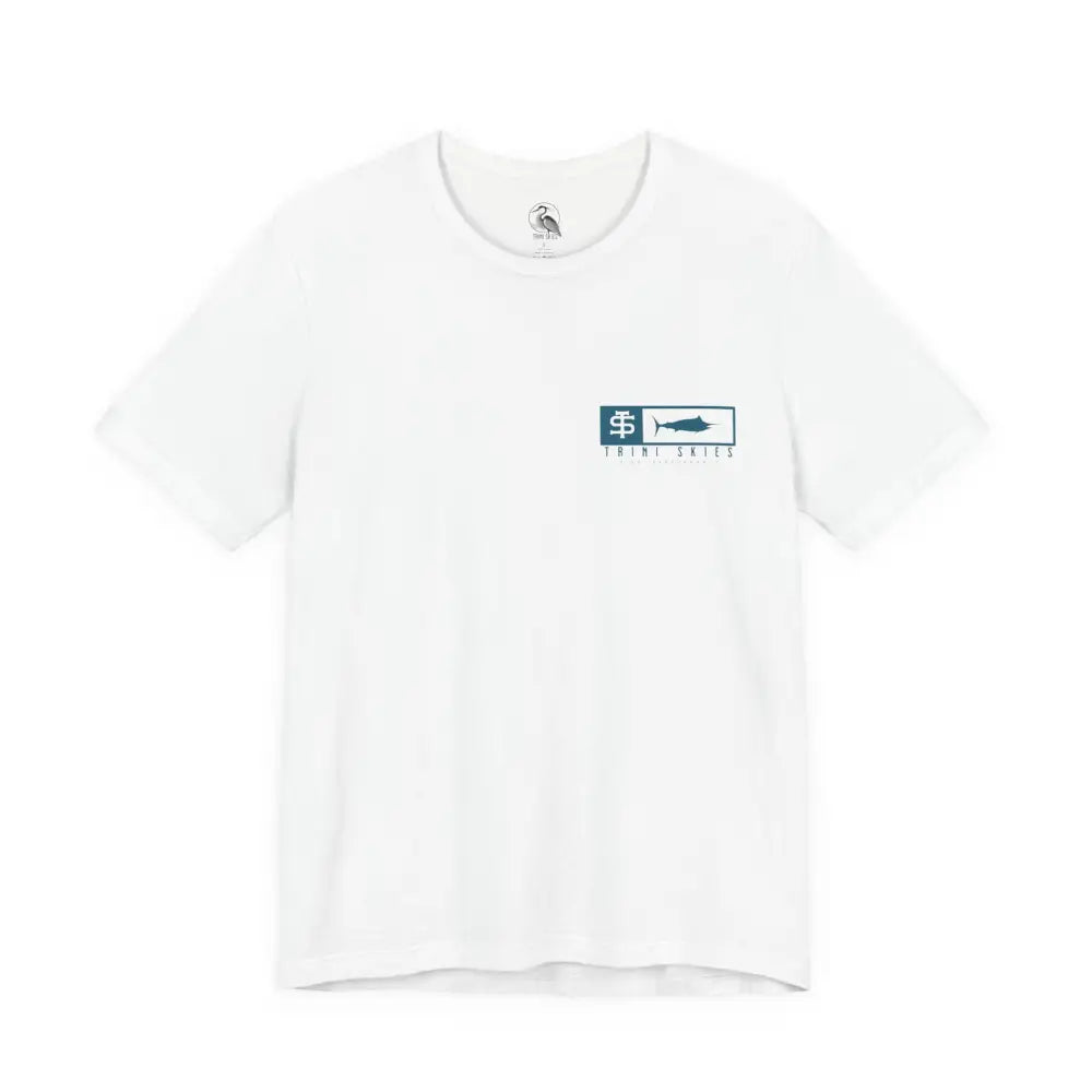 Trini skies performance fishing t-shirt with navy fish logo