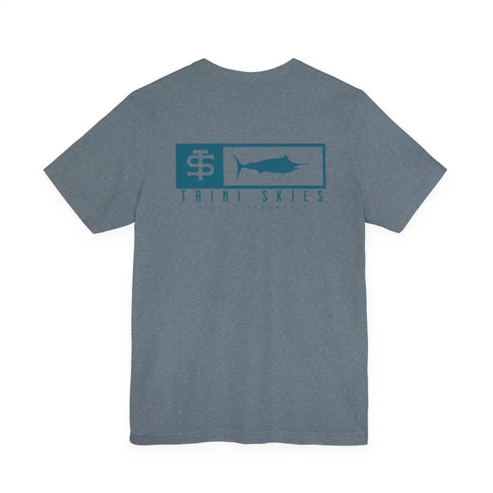 Trini Skies performance fishing t-shirt with teal marlin graphic