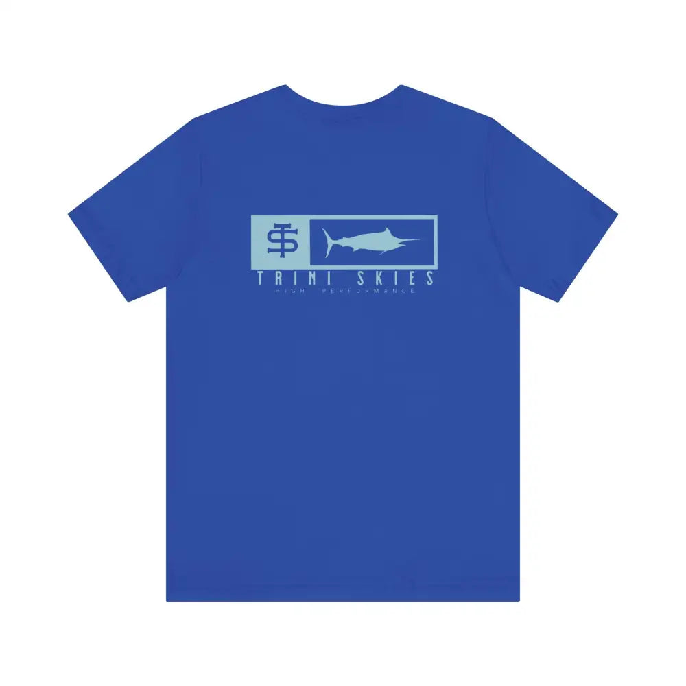 Trini skies performance fishing t-shirt with royal blue marlin logo