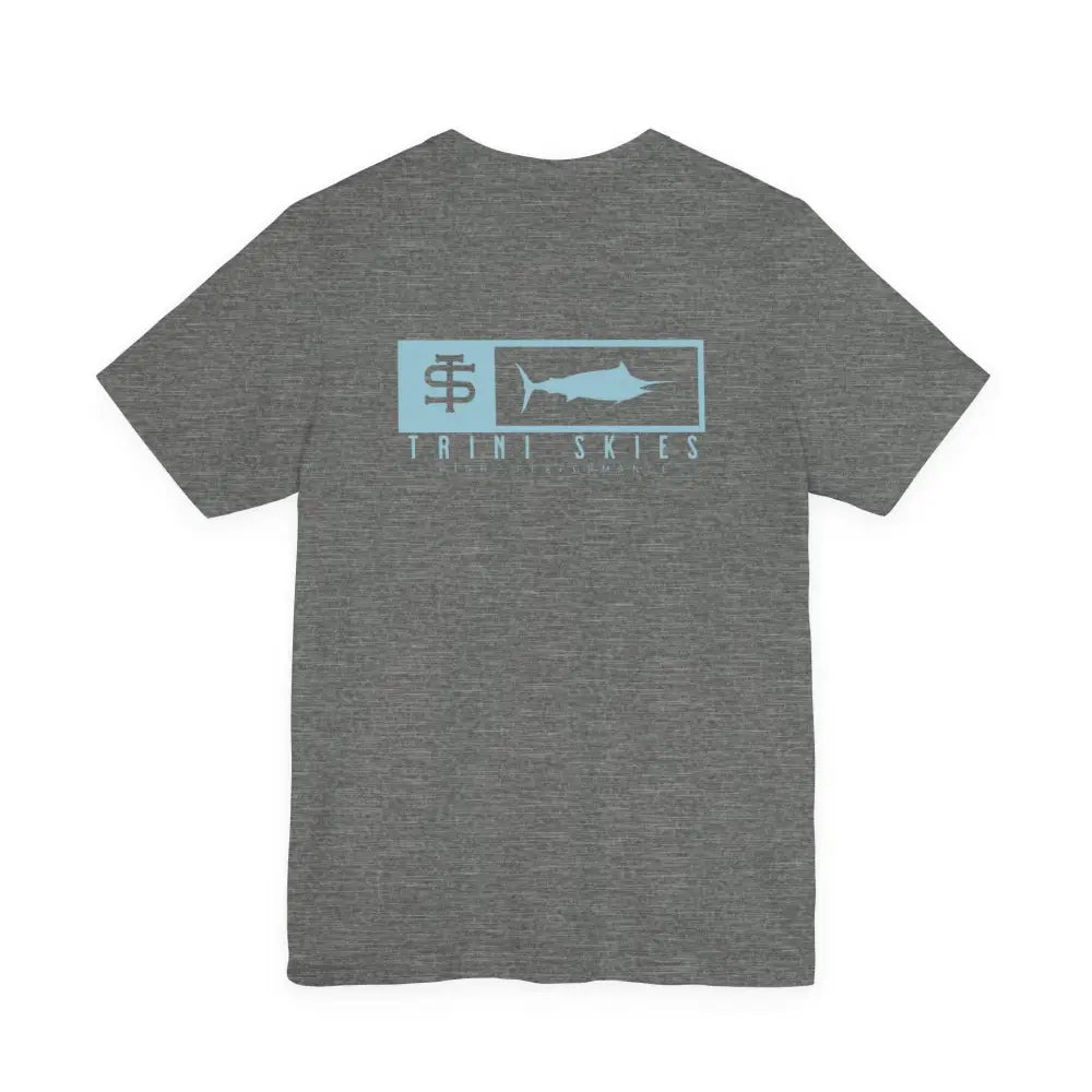 Gray heathered Trini Skies performance fishing t-shirt with marlin graphic