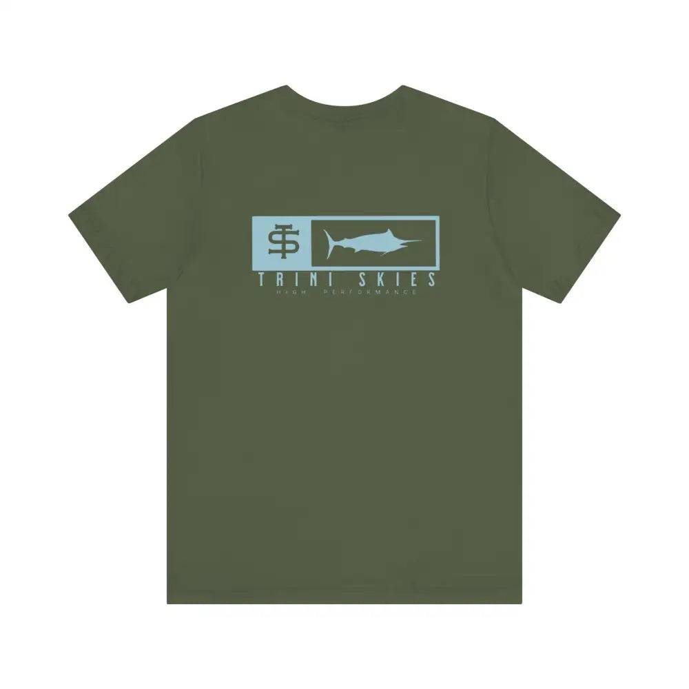 Trini skies performance fishing t-shirt with olive green fabric and marlin graphic