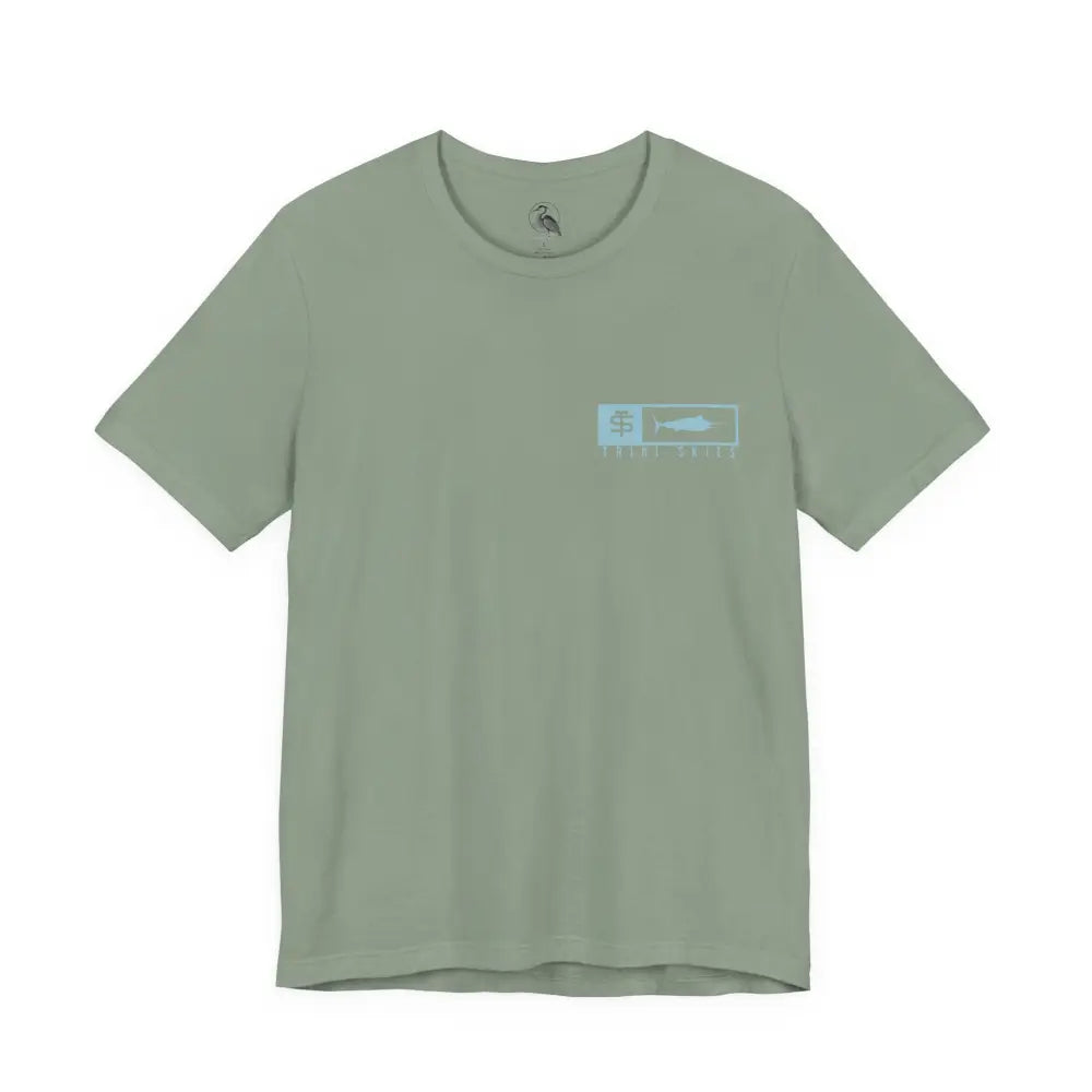 Trini Skies performance fishing t-shirt with olive green fish graphic