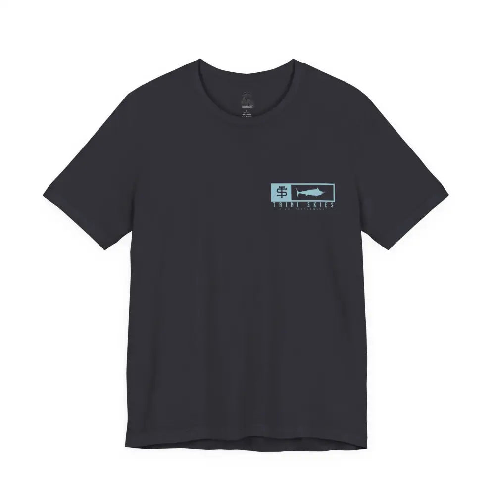 Trini skies performance fishing t-shirt with light blue fish logo