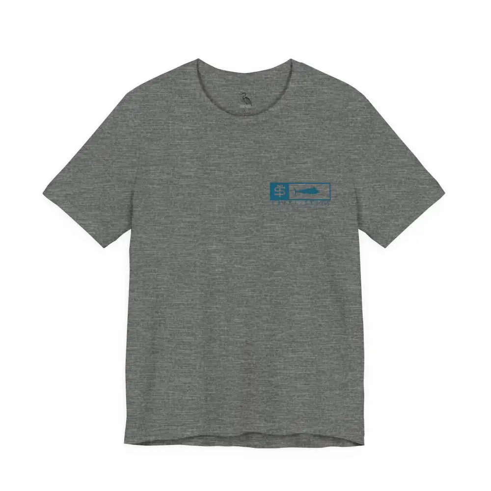 Trini Skies performance fishing t-shirt with gray heathered fabric and blue fish arrow graphic