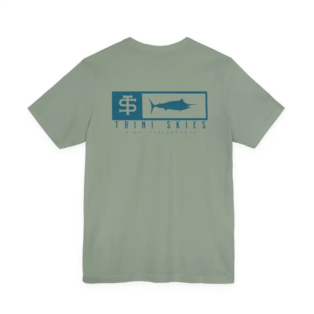 Trini skies performance fishing t-shirt in light sage green with teal marlin logo