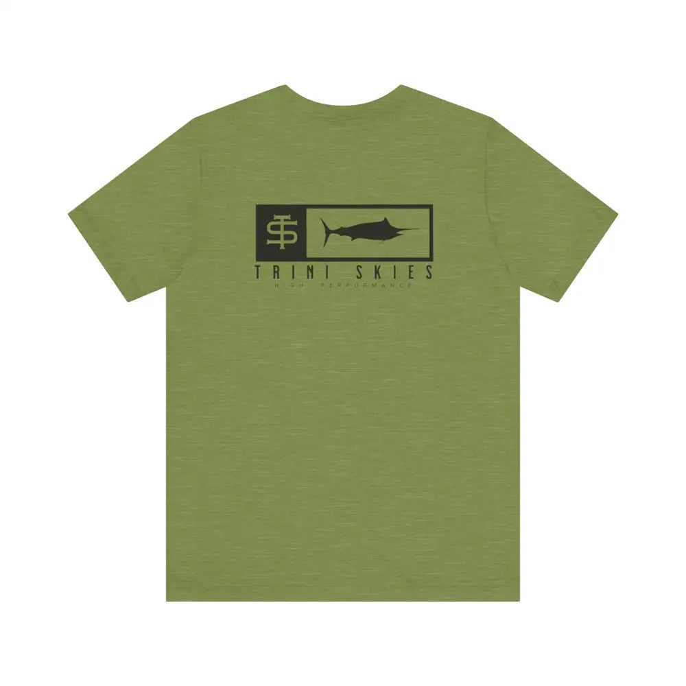 Olive green Trini Skies performance cotton crewneck fishing t-shirt with marlin graphic