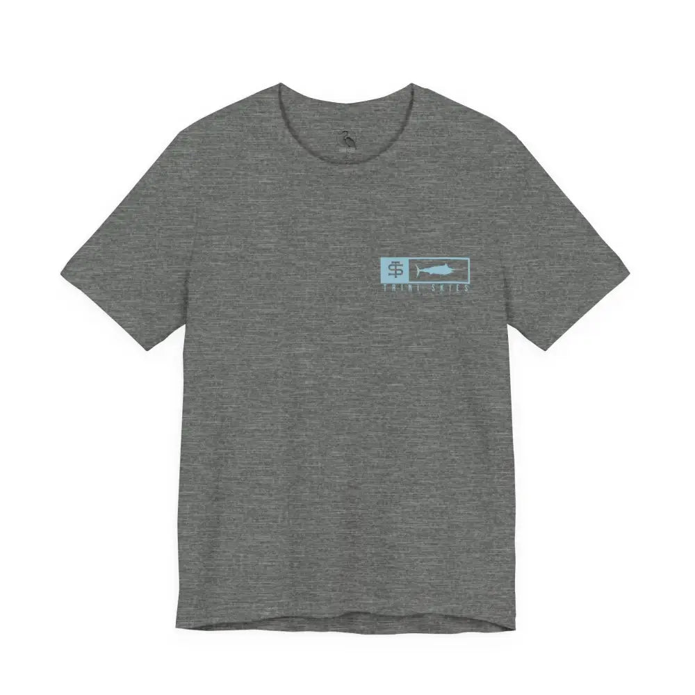 Gray heathered Trini Skies performance fishing t-shirt with fish graphic