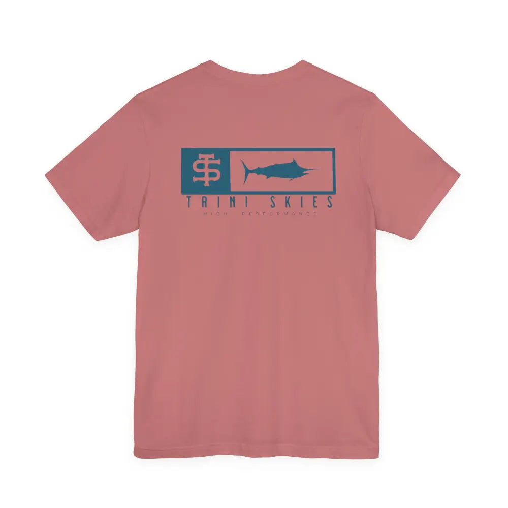 Trini skies performance fishing t-shirt in coral with teal marlin logo