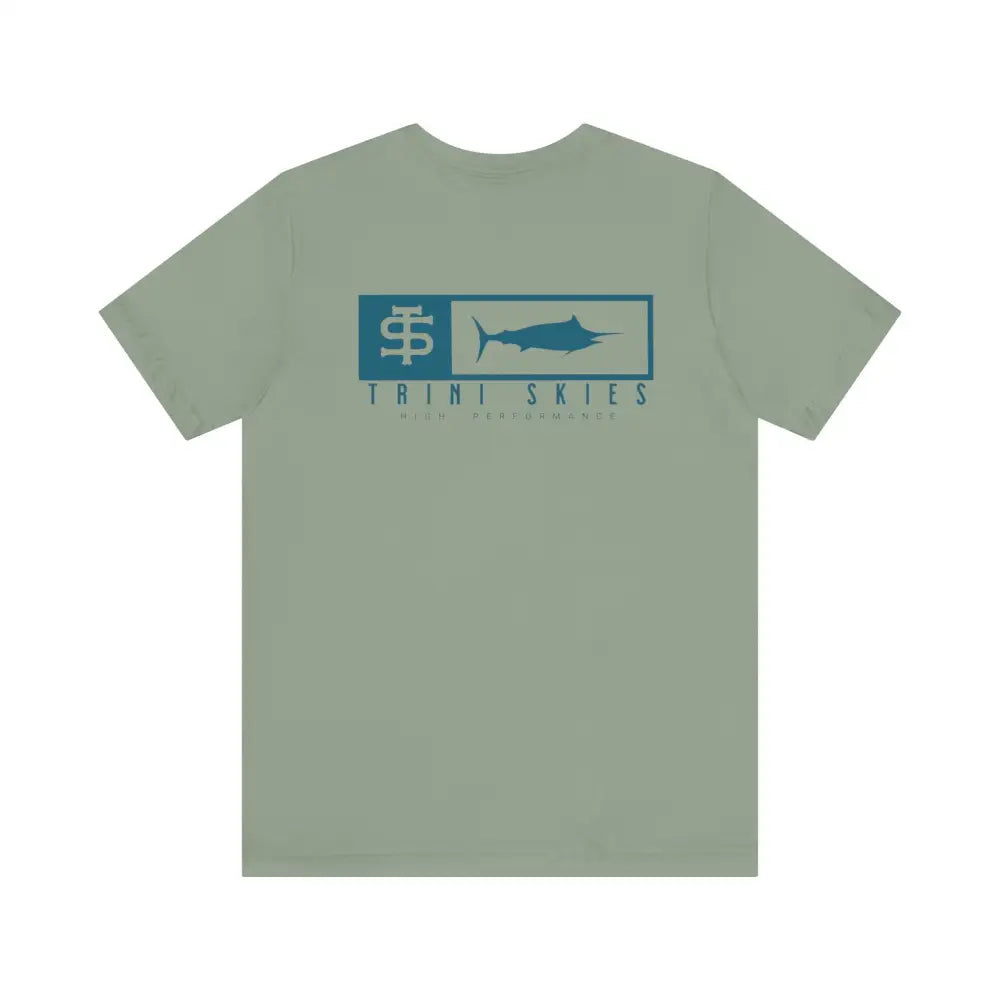 Trini skies performance fishing t-shirt in sage green with teal marlin logo