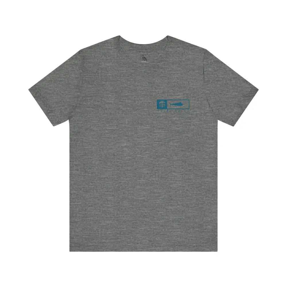 Gray heathered Trini Skies performance fishing t-shirt with blue fish logo