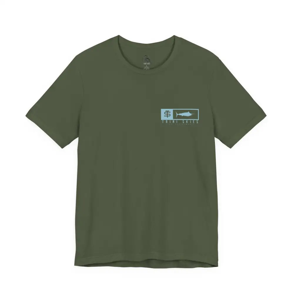 Olive green Trini Skies performance fishing t-shirt with fish graphic