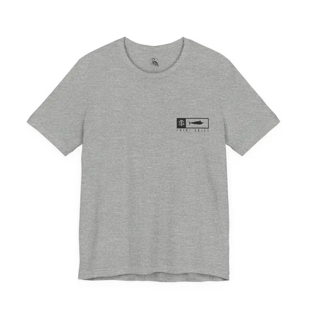 Trini Skies performance fishing t-shirt with fish logo on gray cotton crewneck