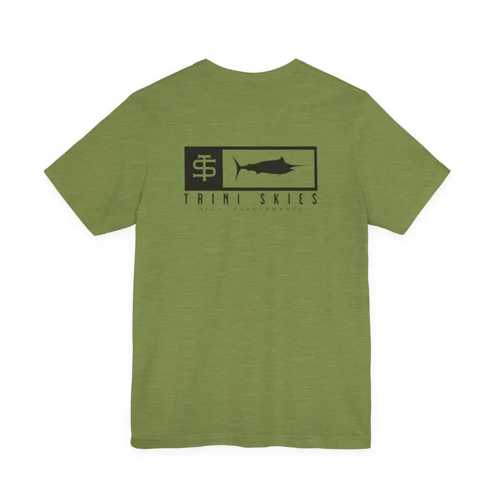 Olive green Trini Skies performance cotton crewneck t-shirt with marlin graphic