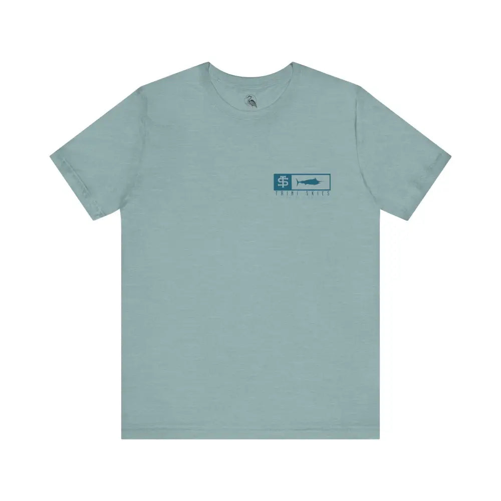 Trini Skies performance fishing t-shirt with light blue fish graphic