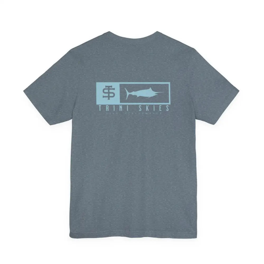 Gray heathered Trini Skies performance fishing t-shirt with marlin graphic