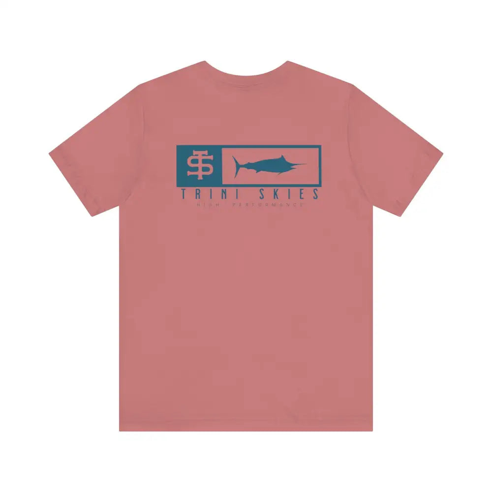 Trini Skies performance fishing t-shirt with teal marlin graphic