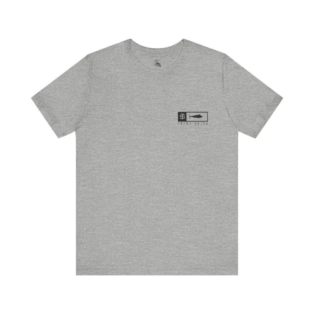 Trini Skies performance fishing t-shirt in heather gray with fish logo