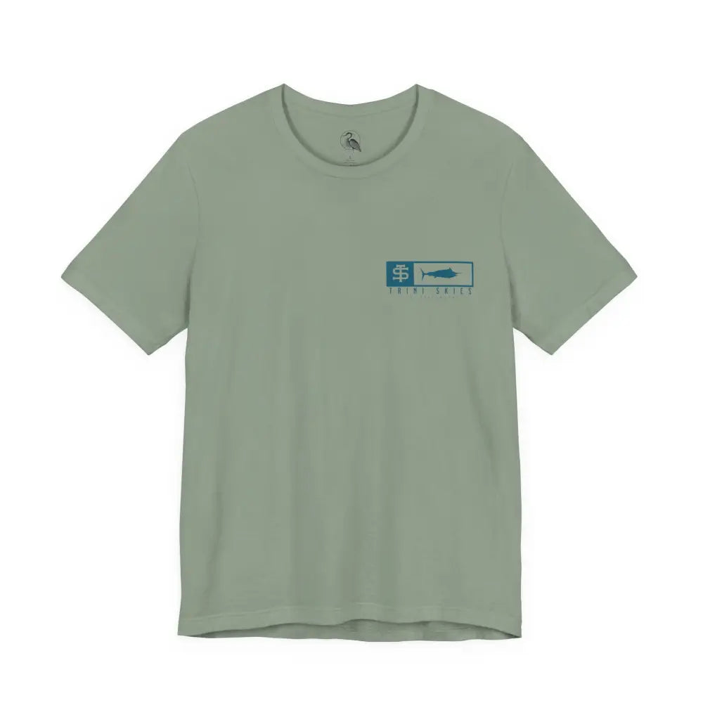 Trini Skies performance fishing t-shirt in sage green with blue fish logo