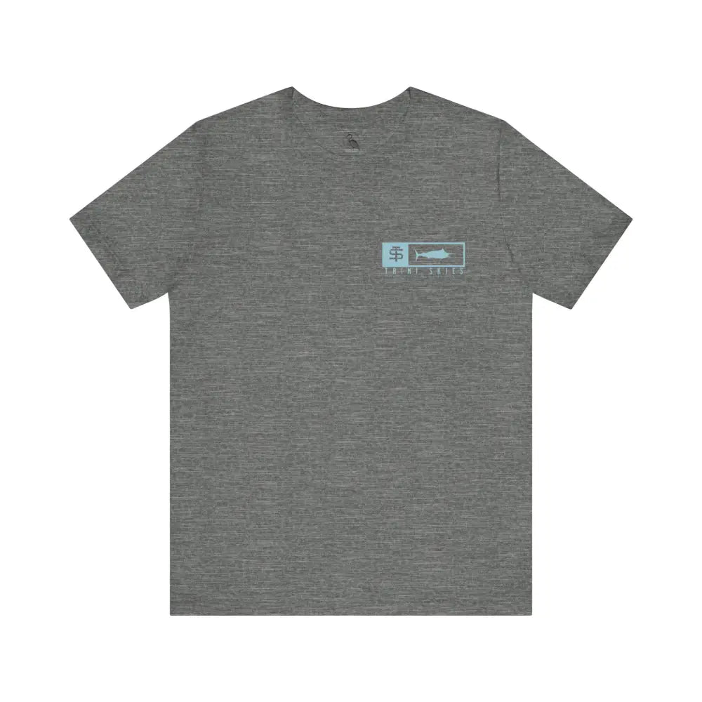 Trini skies performance fishing t-shirt with gray heathered fabric and fish & salt logo