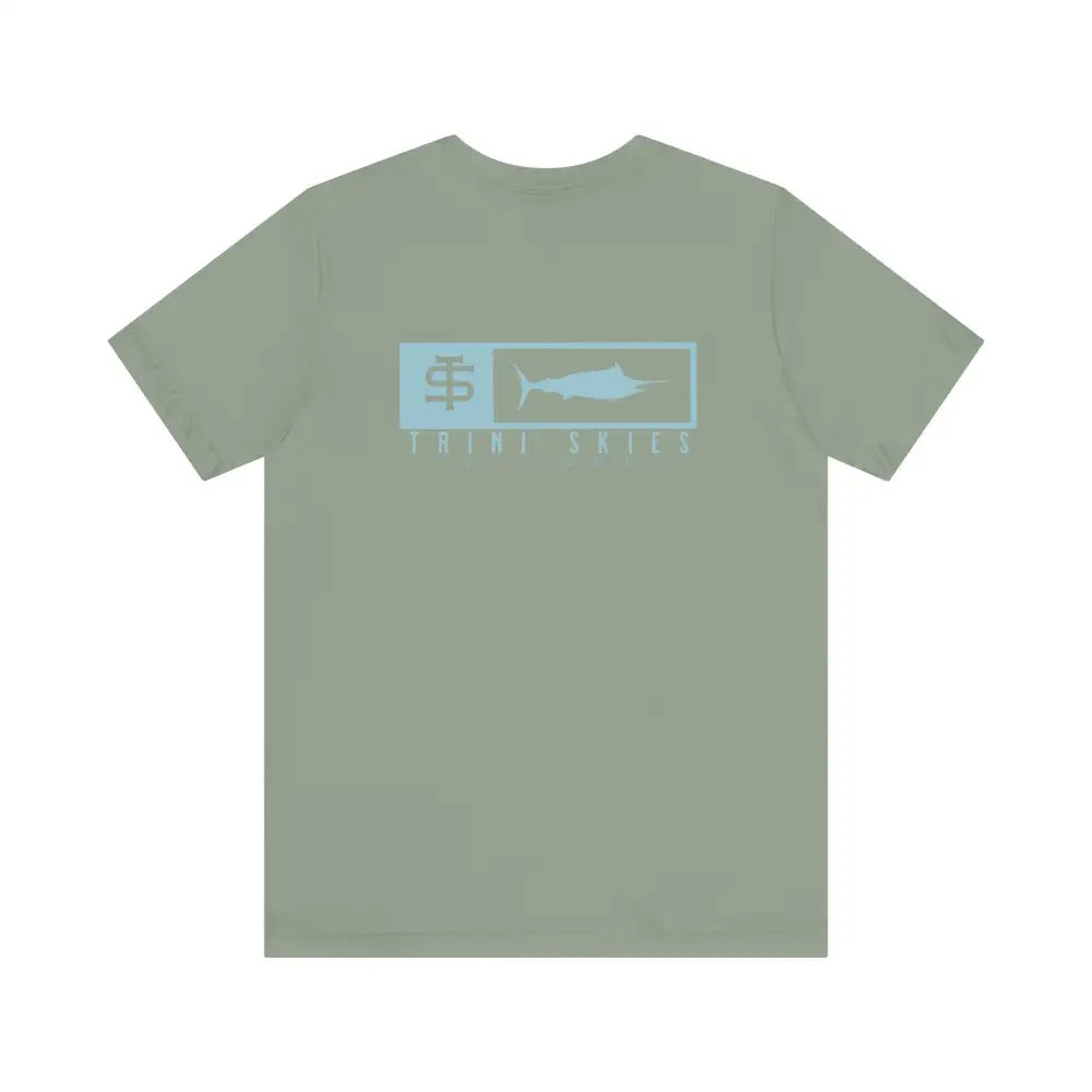 Trini Skies performance fishing t-shirt with olive green marlin graphic