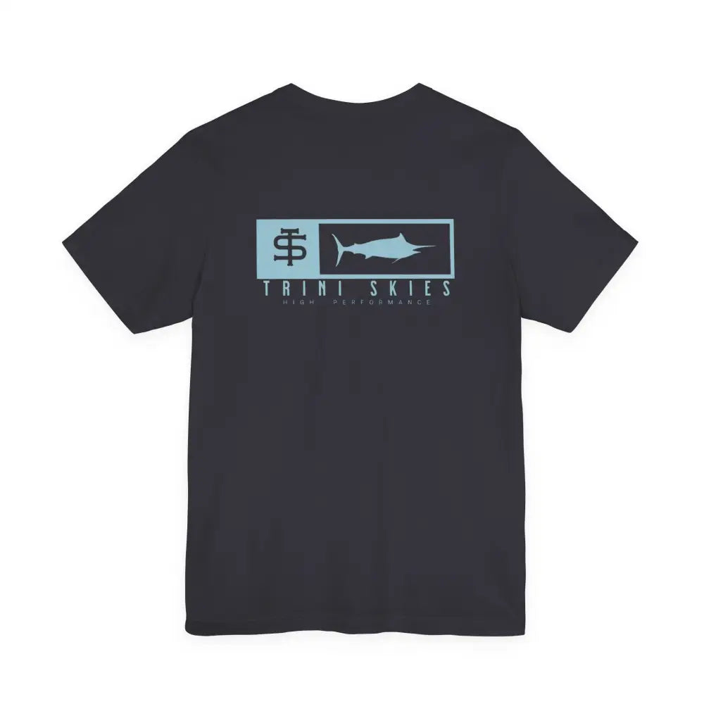 Trini Skies performance fishing t-shirt with teal marlin graphic