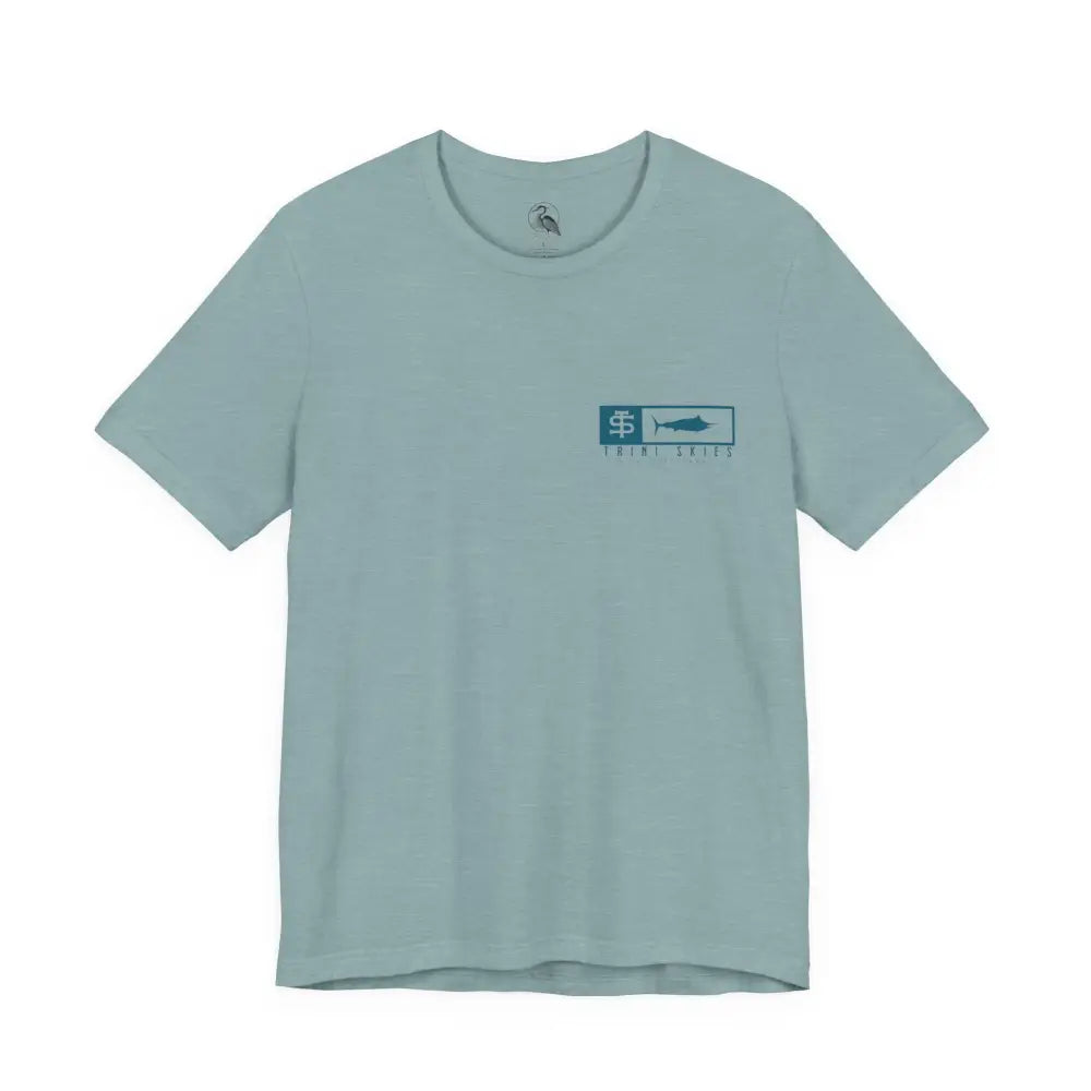 Trini skies performance fishing t-shirt with light blue fish graphic