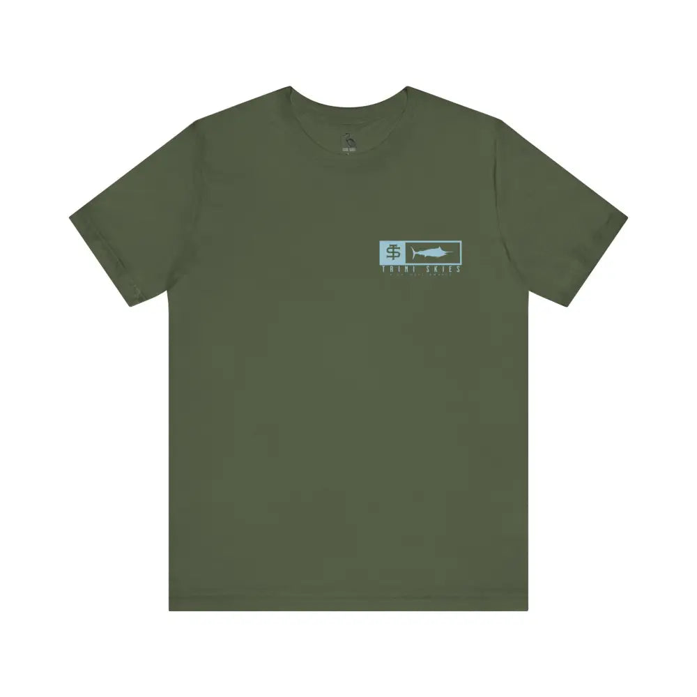 Olive green Trini Skies performance fishing t-shirt with fish logo