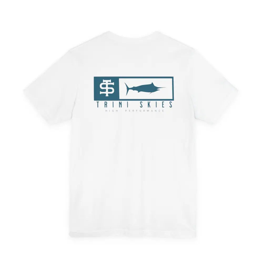 Trini Skies performance fishing t-shirt with teal marlin graphic