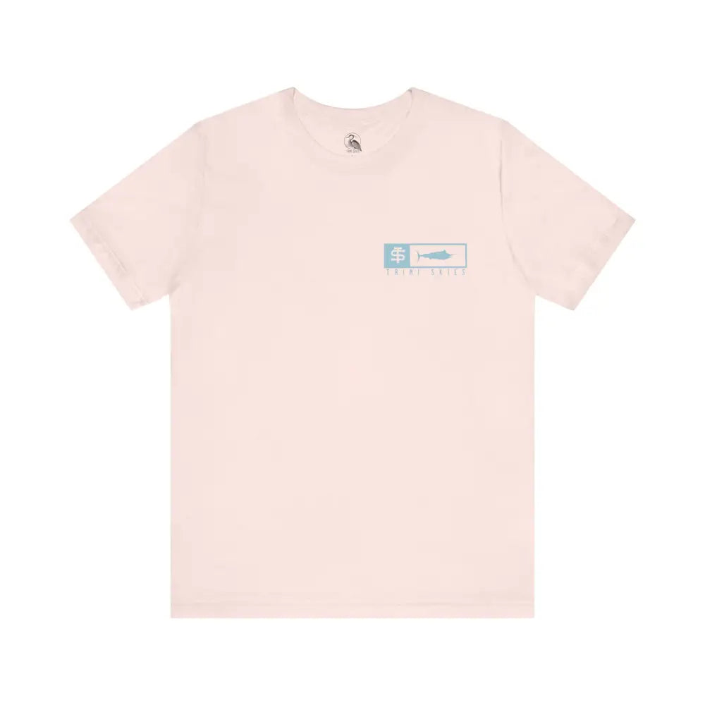 Trini Skies performance fishing t-shirt in blush with teal fish dollar graphic