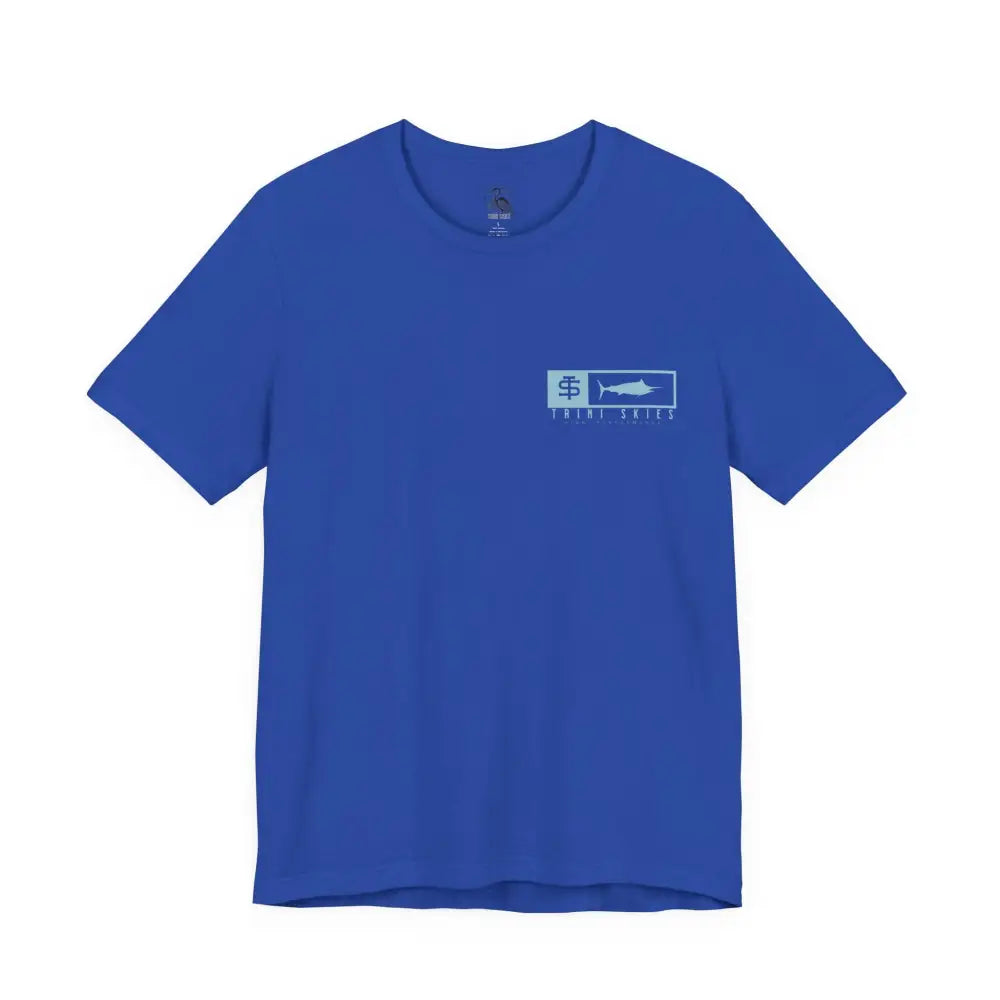 Trini skies performance fishing t-shirt with blue fish logo