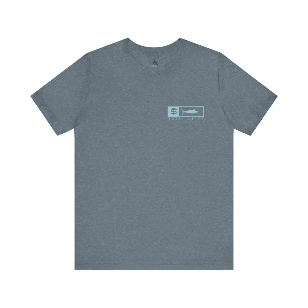Trini Skies performance fishing t-shirt with gray heathered fabric and light blue fish logo
