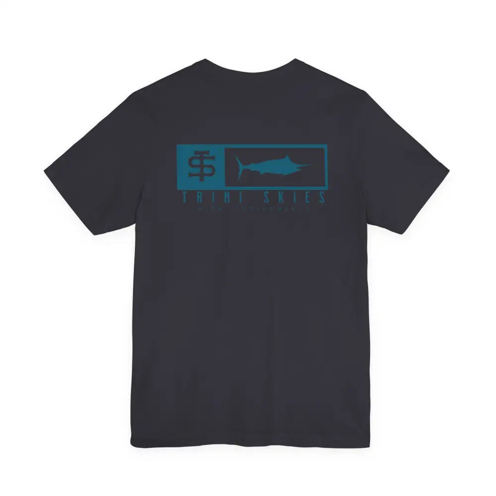 Trini skies performance fishing t-shirt with teal marlin graphic