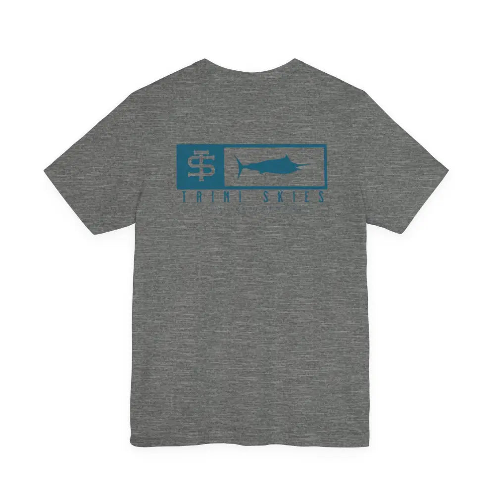 Gray heathered Trini Skies performance fishing t-shirt with teal marlin graphic